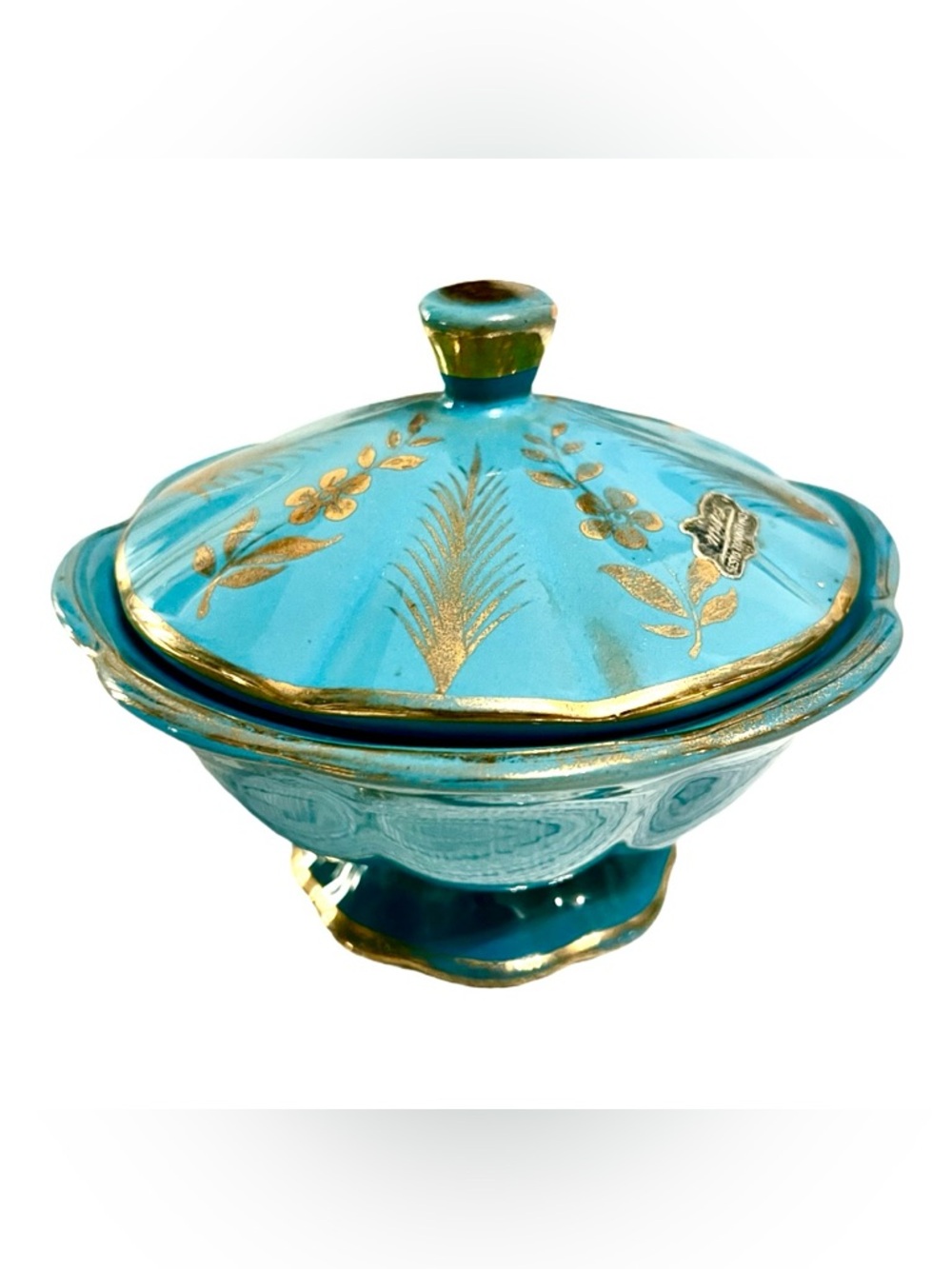 Antique Turquoise Lidded Jar/Jewellery Box/Trinket Dish - mid 20th C, Italian